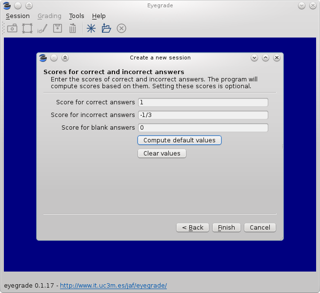 Screenshot of a page of the new session dialog