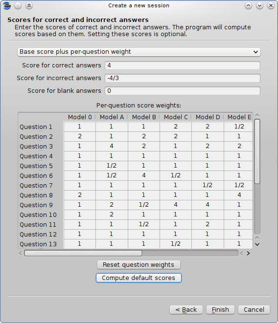 View of the table for entering question weights