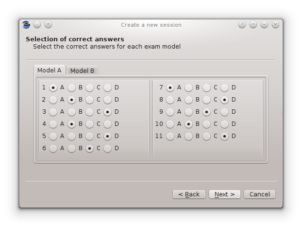 Enter the correct answers for each exam.