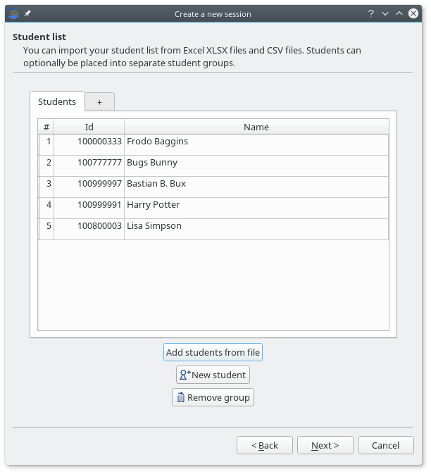 Student and group management dialog with some students loaded.