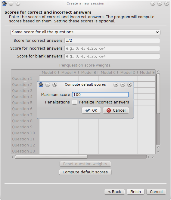 Dialog for computing the default scores