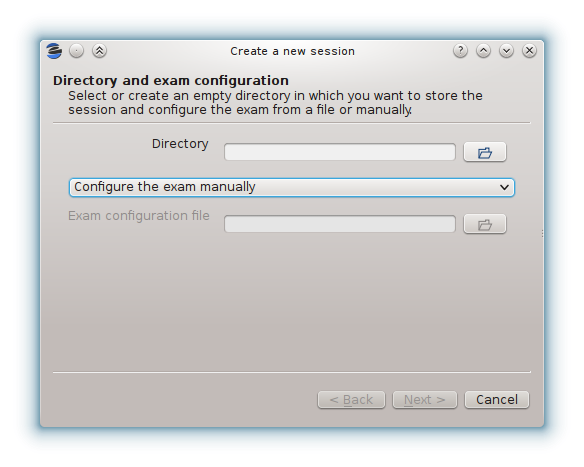 New session wizard with manual exam configuration
