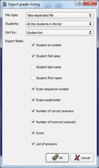 The export grades dialog